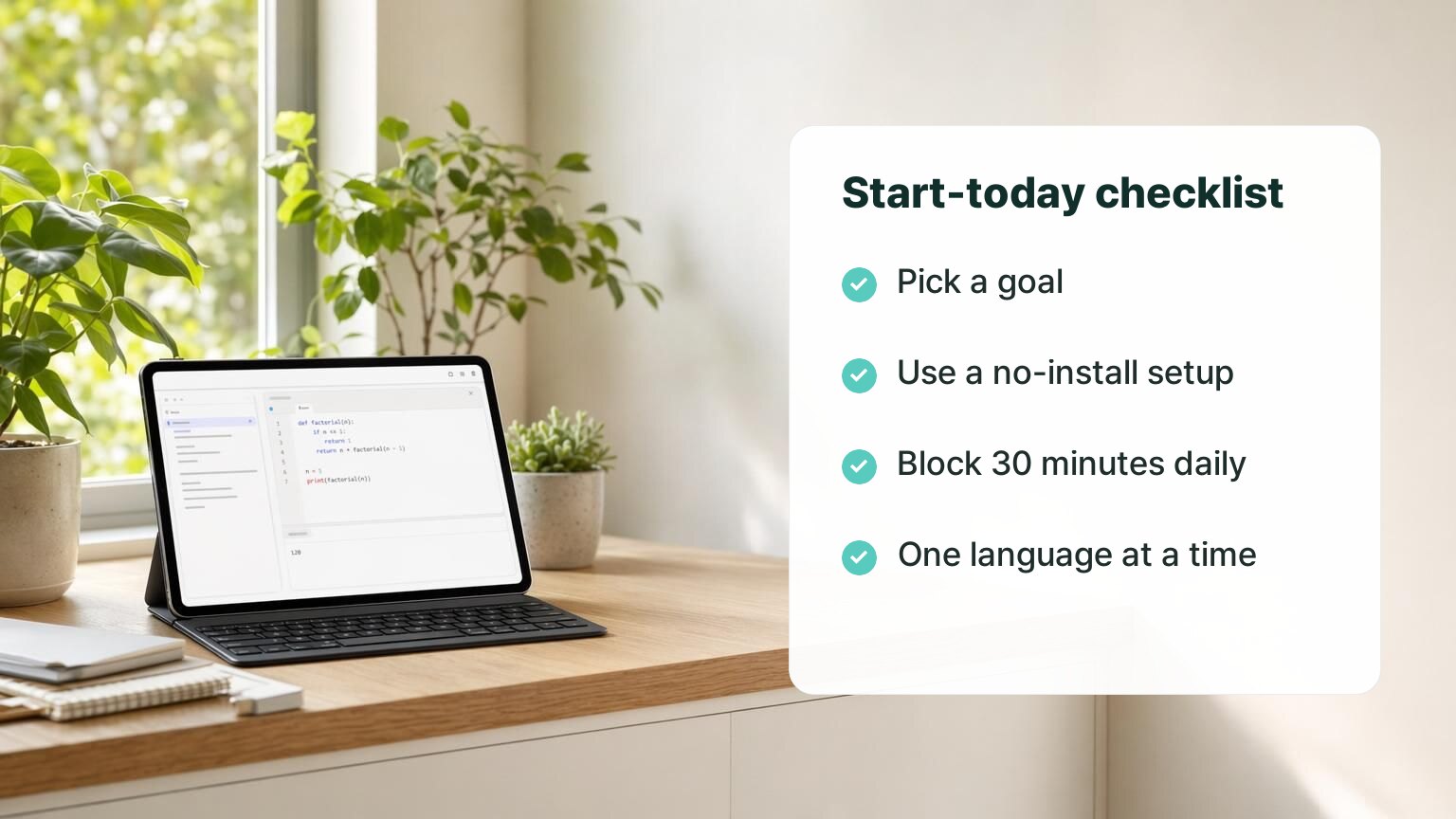 Start-today checklist: pick a goal, use a no-install setup, block 30 minutes daily, one language at a time