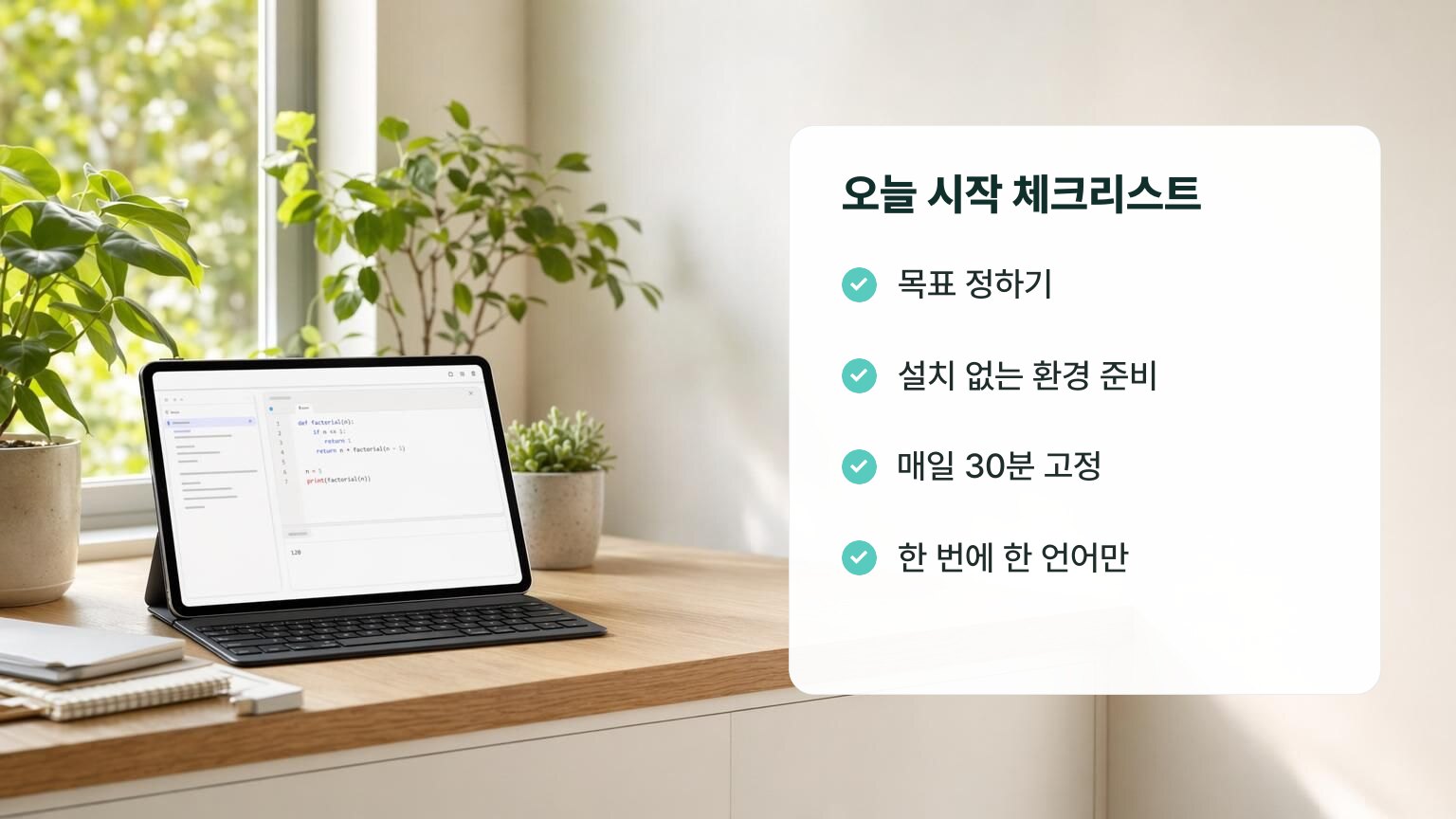 오늘 시작 체크리스트: 목표 정하기, 설치 없는 환경 준비, 매일 30분 고정, 한 번에 한 언어만