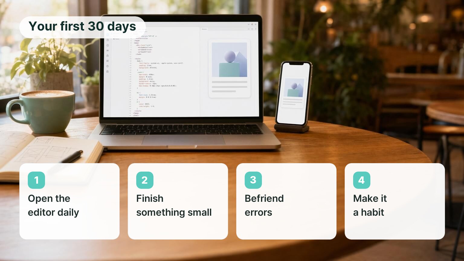Your first 30 days in four weeks: Week 1 open the editor daily, Week 2 finish something small, Week 3 befriend errors, Week 4 make it a habit