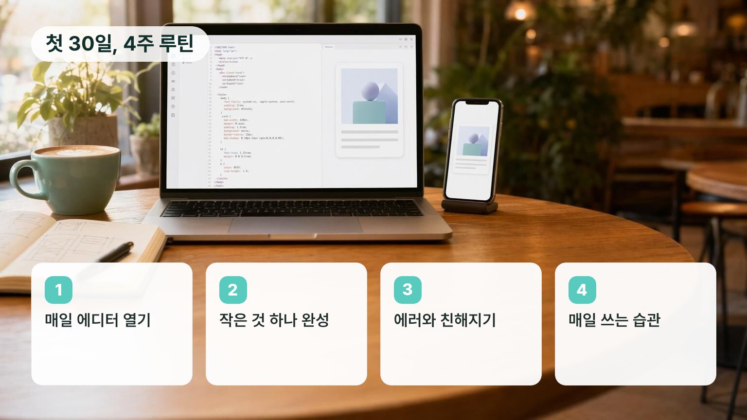 첫 30일을 4주로 나눈 워크플로: 1주차 매일 에디터 열기, 2주차 작은 것 완성, 3주차 에러와 친해지기, 4주차 매일 쓰는 습관