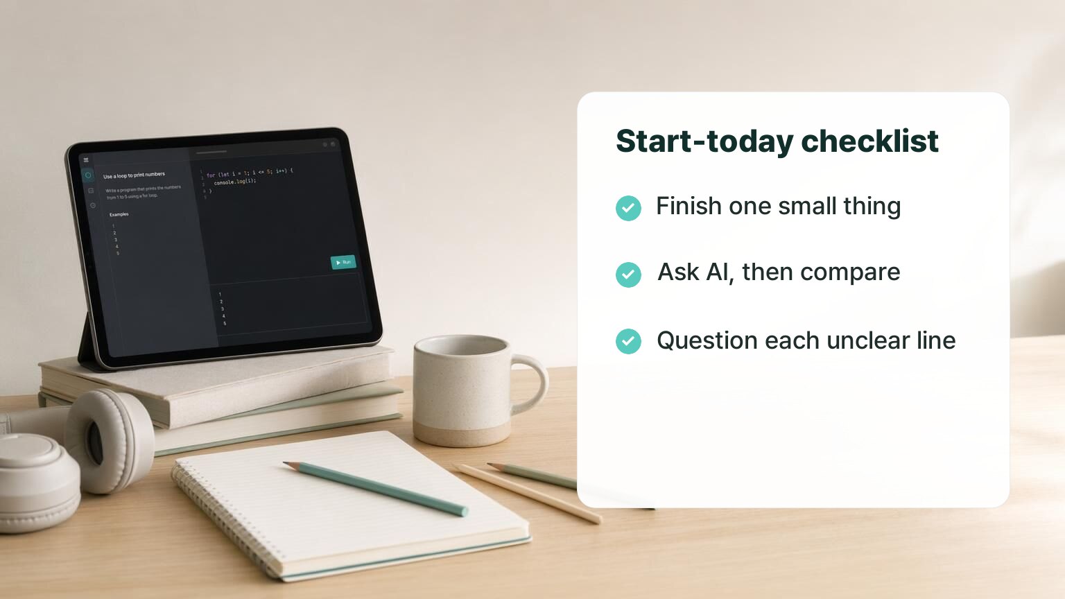 Start today checklist: finish one small thing, ask AI then compare, question each unclear line
