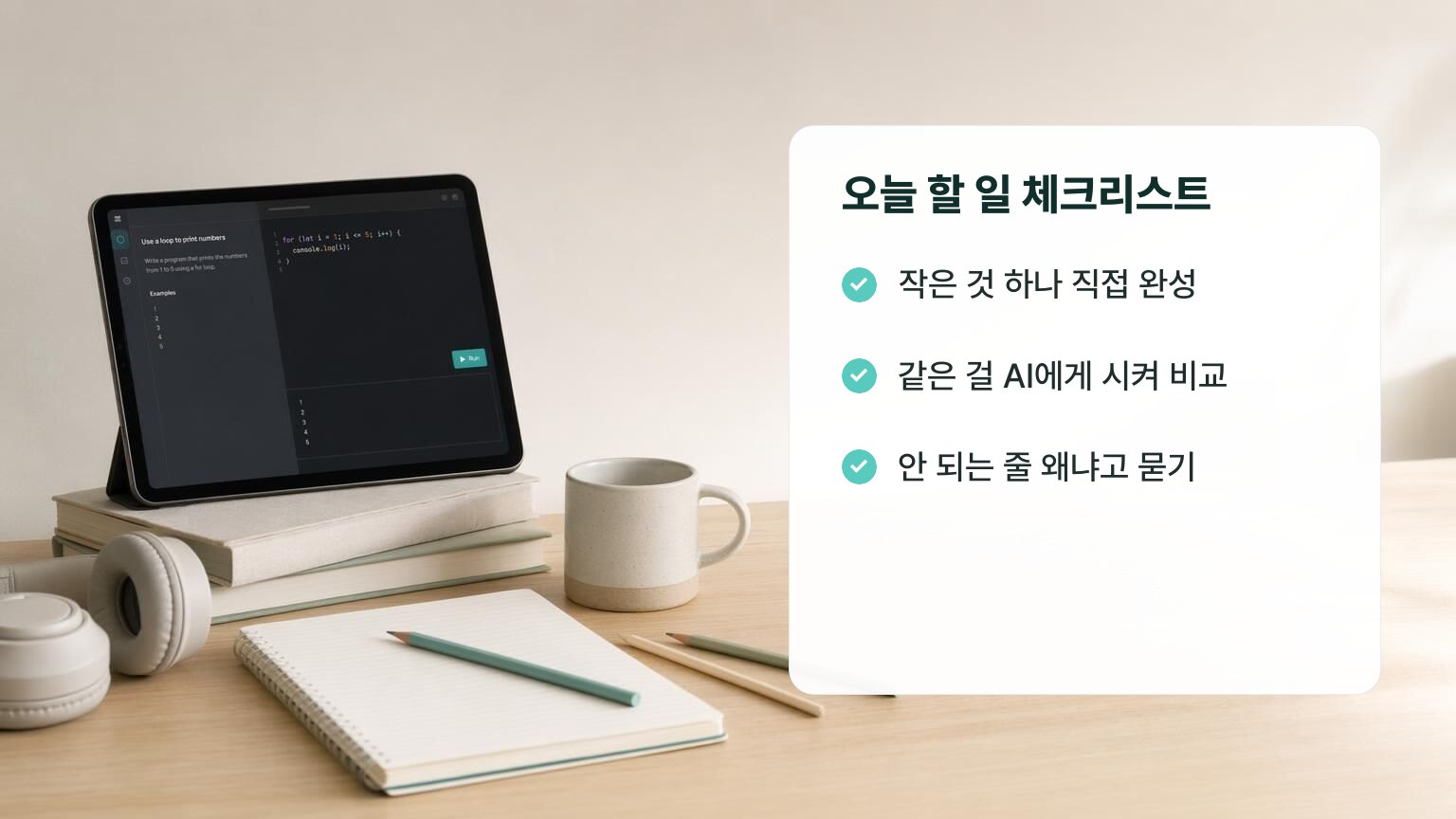 오늘 할 일 체크리스트: 작은 것 하나 직접 완성, 같은 걸 AI에게 시켜 비교, 안 되는 줄 왜냐고 묻기