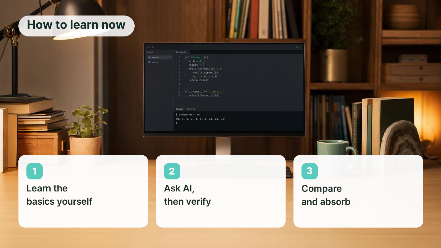 How to learn now in three steps: learn the basics, ask AI then verify, compare and absorb