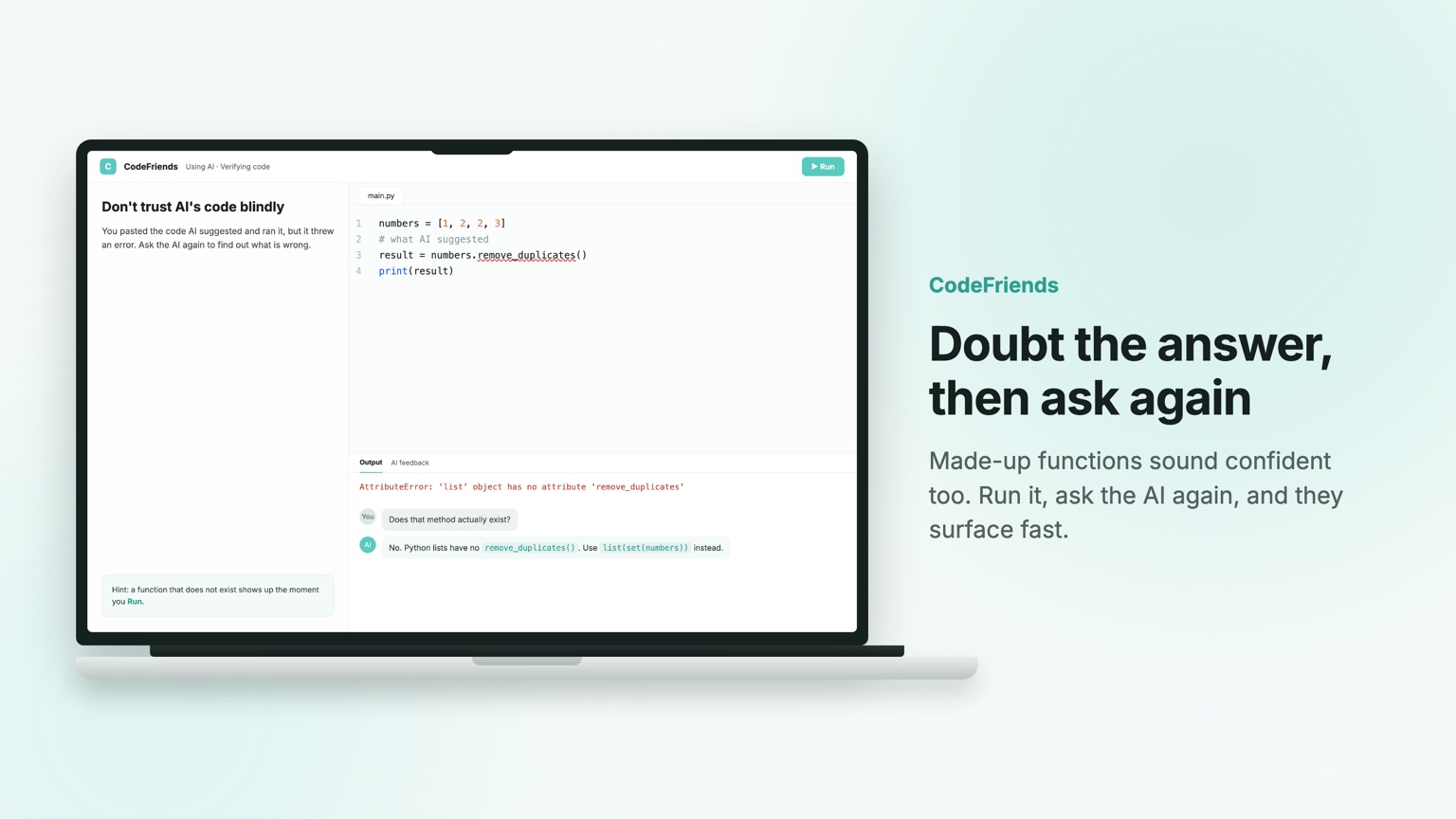 The CodeFriends editor on a laptop, running AI-suggested code, seeing the error, and asking the AI to double-check it