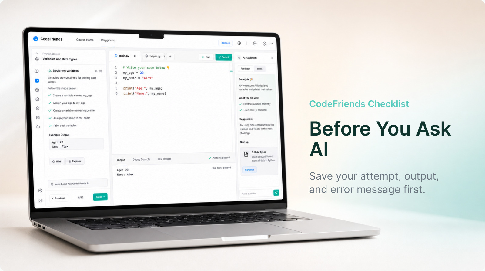 A CodeFriends practice screen beside a checklist for using ChatGPT while learning to code