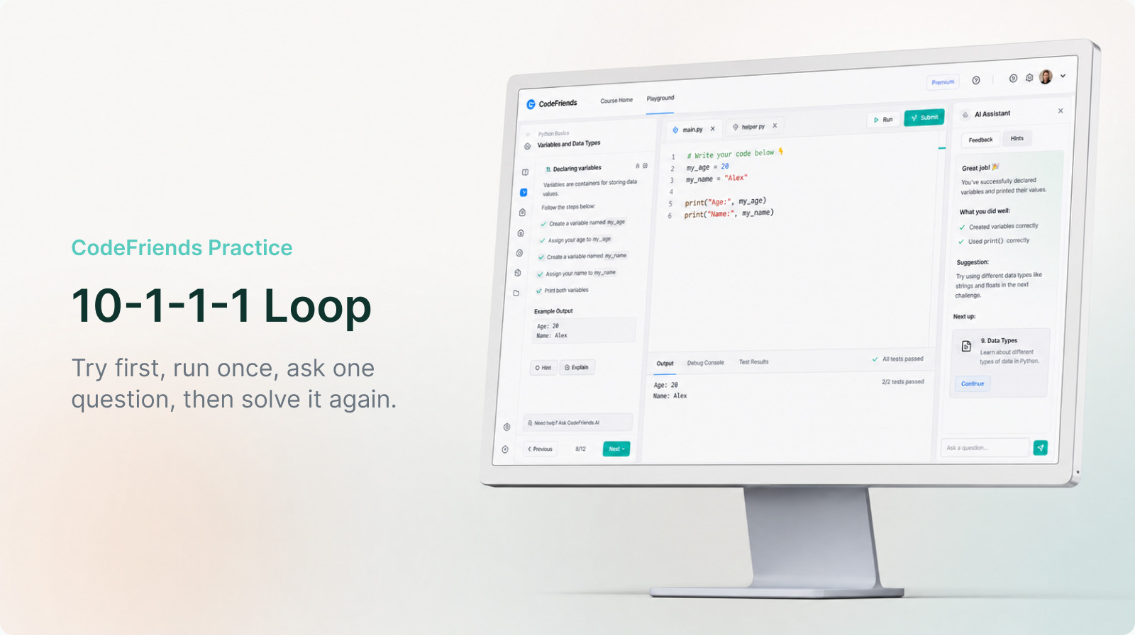 A light-mode CodeFriends coding editor with the 10-1-1-1 ChatGPT study loop overlaid